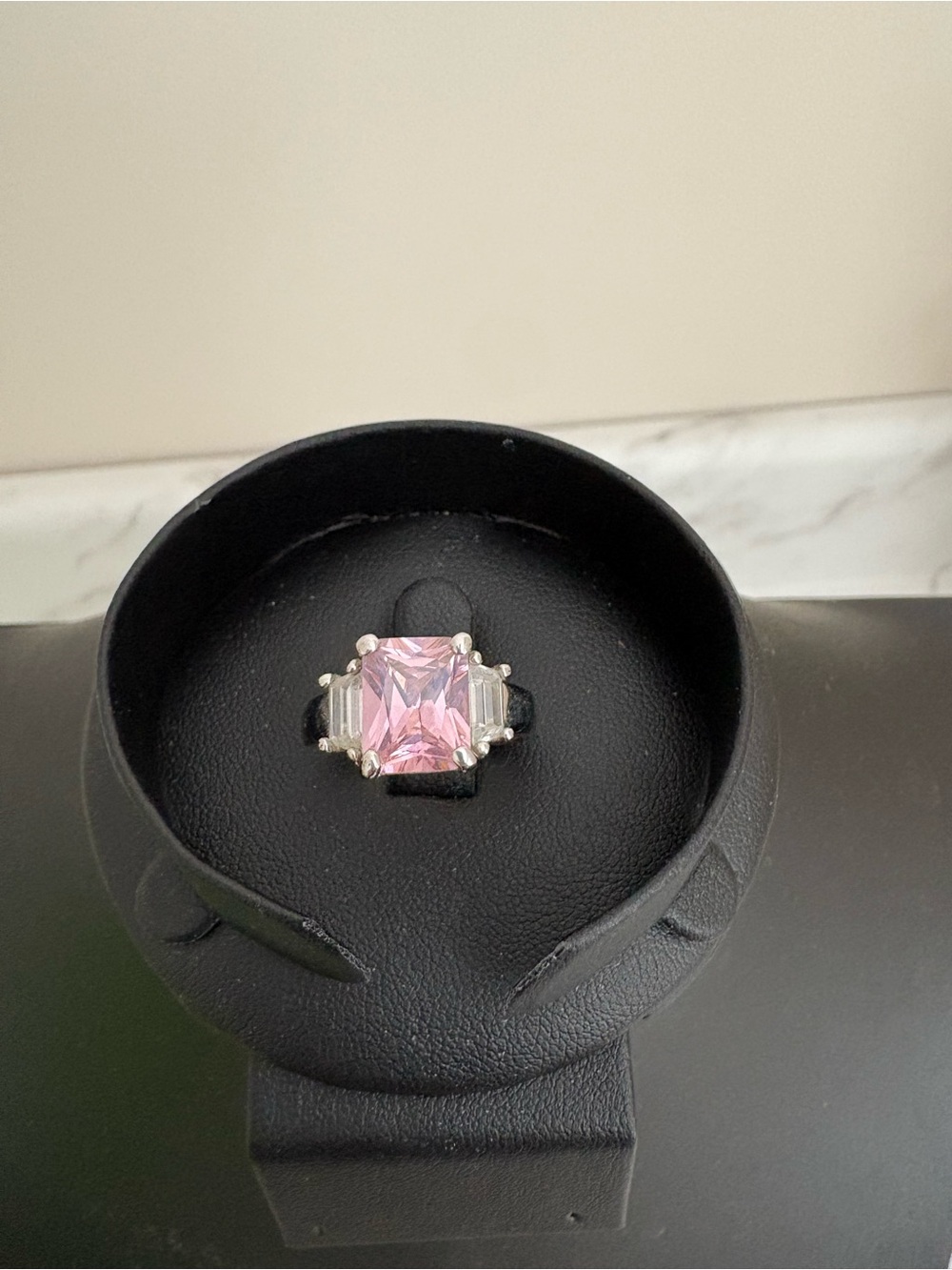 Pink Square-Cut Cocktail Ring with Clear Side Stones